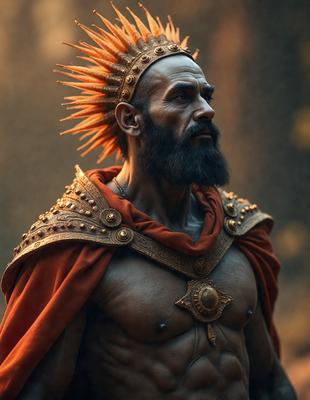 The primary subject of the image is a man wearing a crown and a red robe. He is standing in front of a tree, which serves as the setting or background of the scene. The visual style of the image is a combination of photo and digital art, creating a unique and intriguing atmosphere. The dominant colors in the image are red and gold, which contribute to the overall mood and theme of the scene.